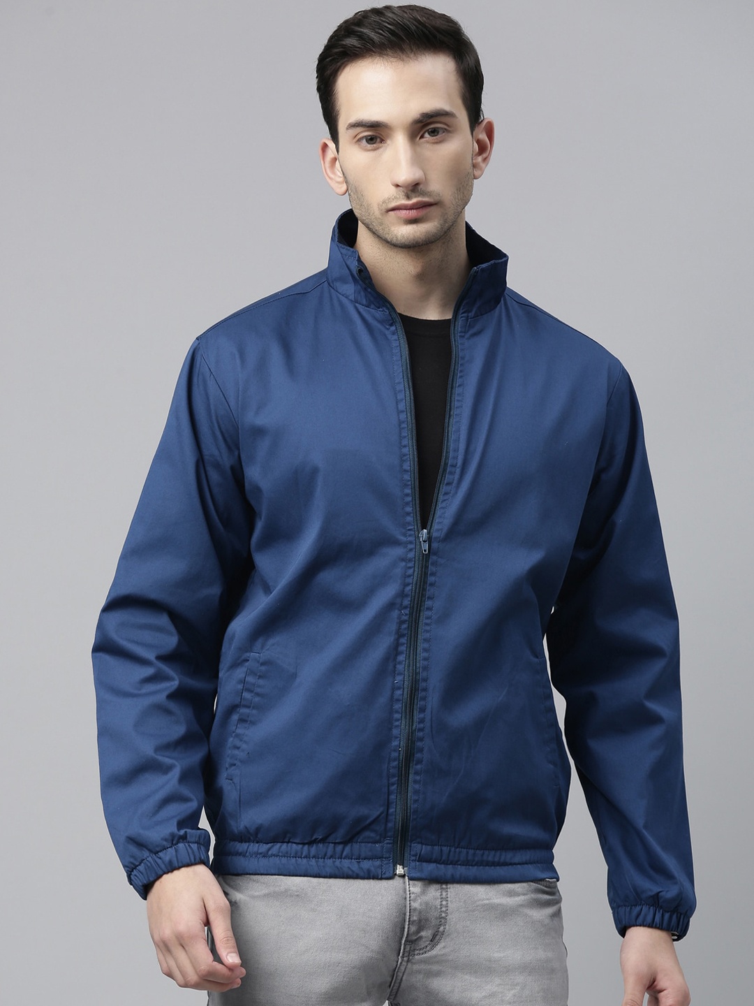 

CINOCCI Men Blue Cotton Bomber Jacket
