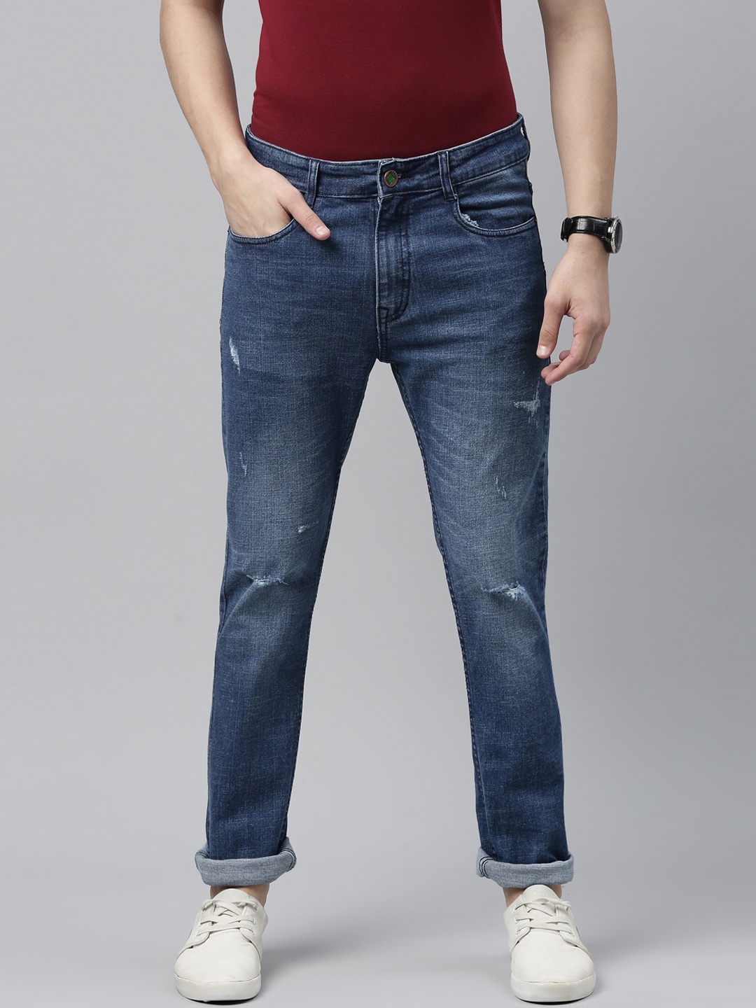 

CINOCCI Men Blue Slim Fit Low Distress Light Fade Stretchable Jeans