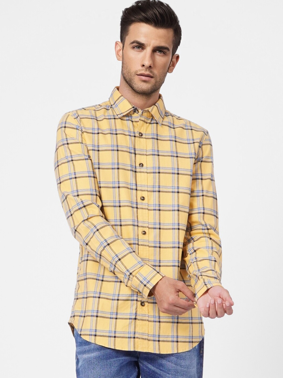 

Jack & Jones Men Yellow & Blue Slim Fit Opaque Checked Cotton Casual Shirt