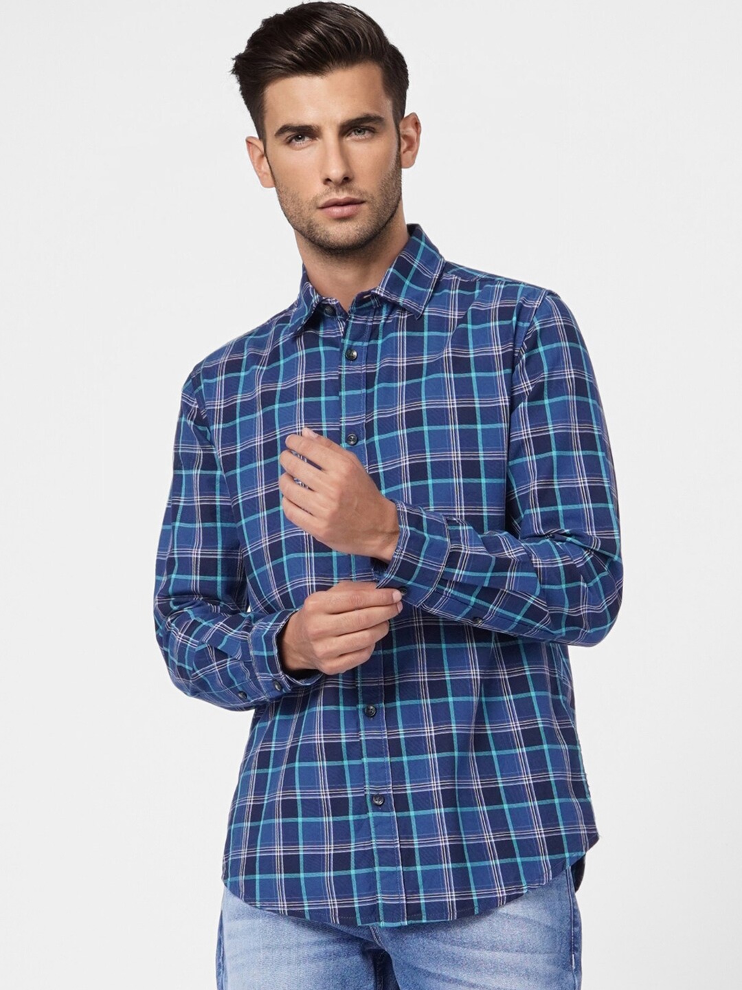 

Jack & Jones Men Blue Slim Fit Tartan Checks Opaque Cotton Checked Casual Shirt