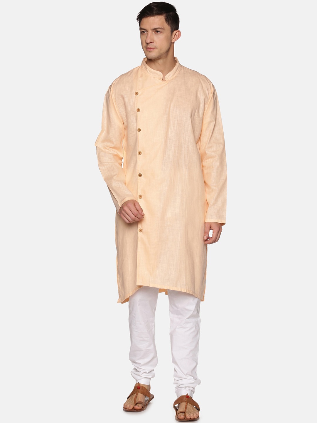 

Sethukrishna Men Peach-Coloured Angrakha Pure Cotton Kurta with Churidar