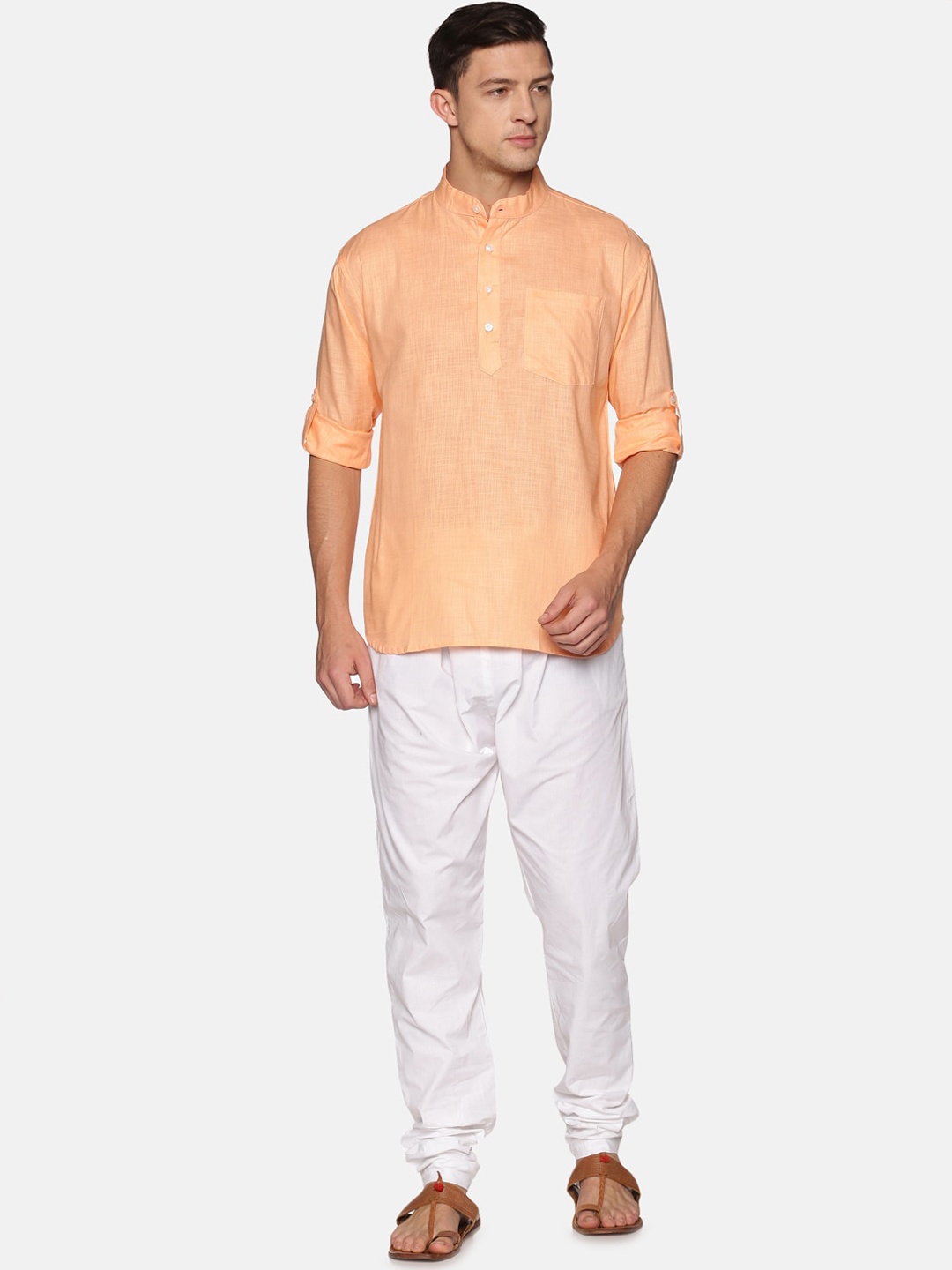 

Sethukrishna Men Orange & White Regular Pure Cotton Kurta with Churidar