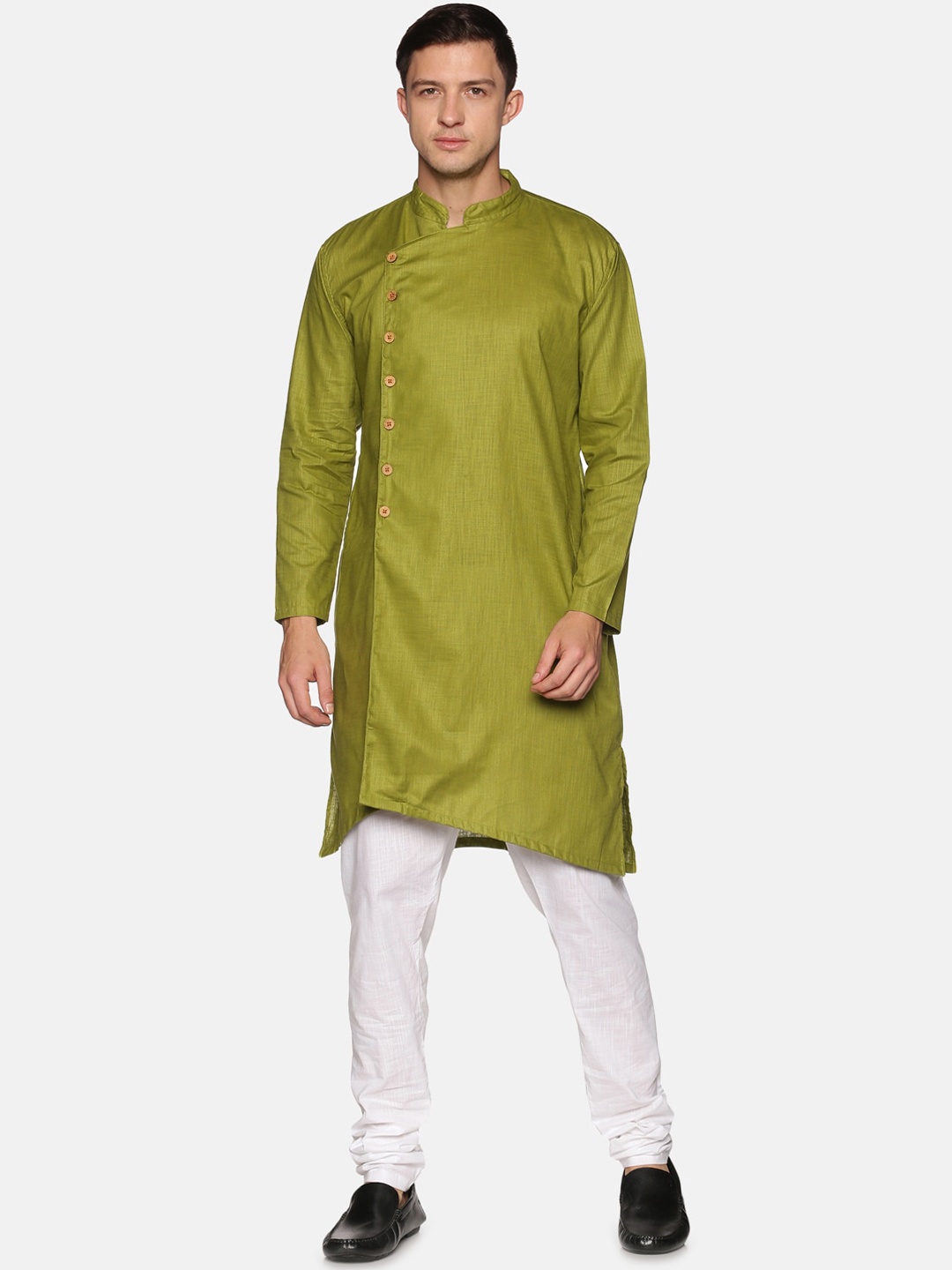 

Sethukrishna Men Green Angrakha Pure Cotton Kurta with Churidar