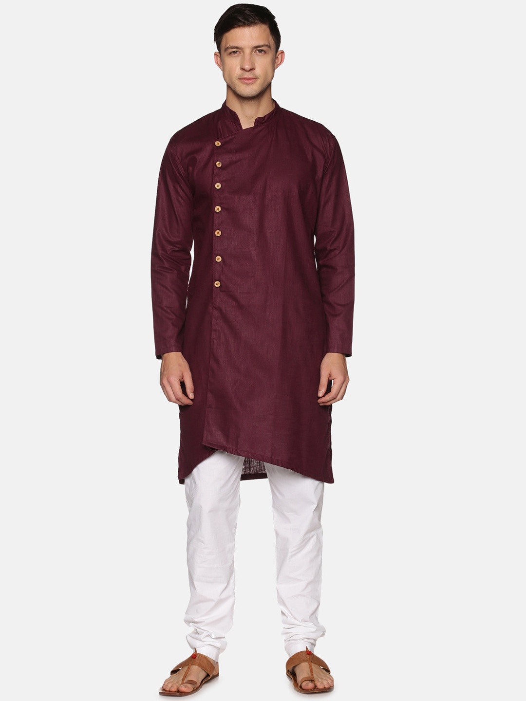 

Sethukrishna Men Maroon Angrakha Pure Cotton Kurta with Churidar
