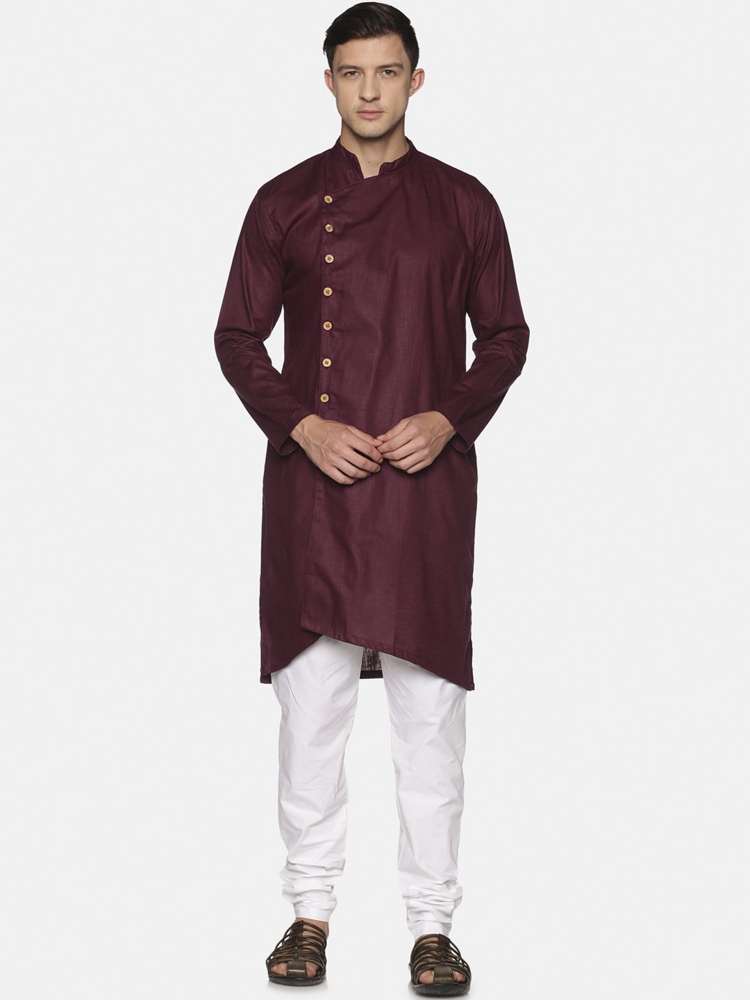 

Sethukrishna Men Maroon Angrakha Pure Cotton Kurta with Churidar