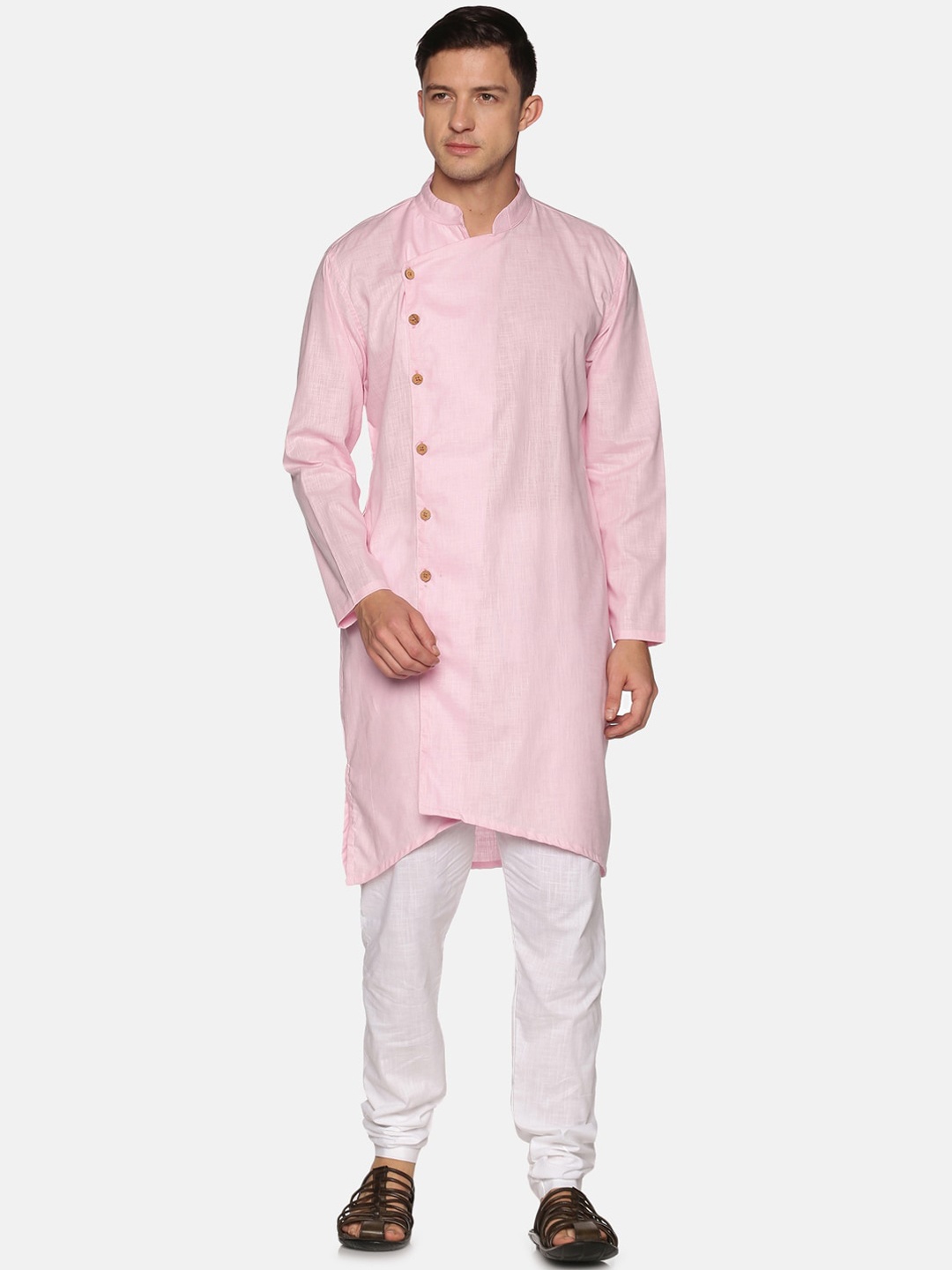 

Sethukrishna Men Pink & White Angrakha Pure Cotton Kurta with Pyjamas