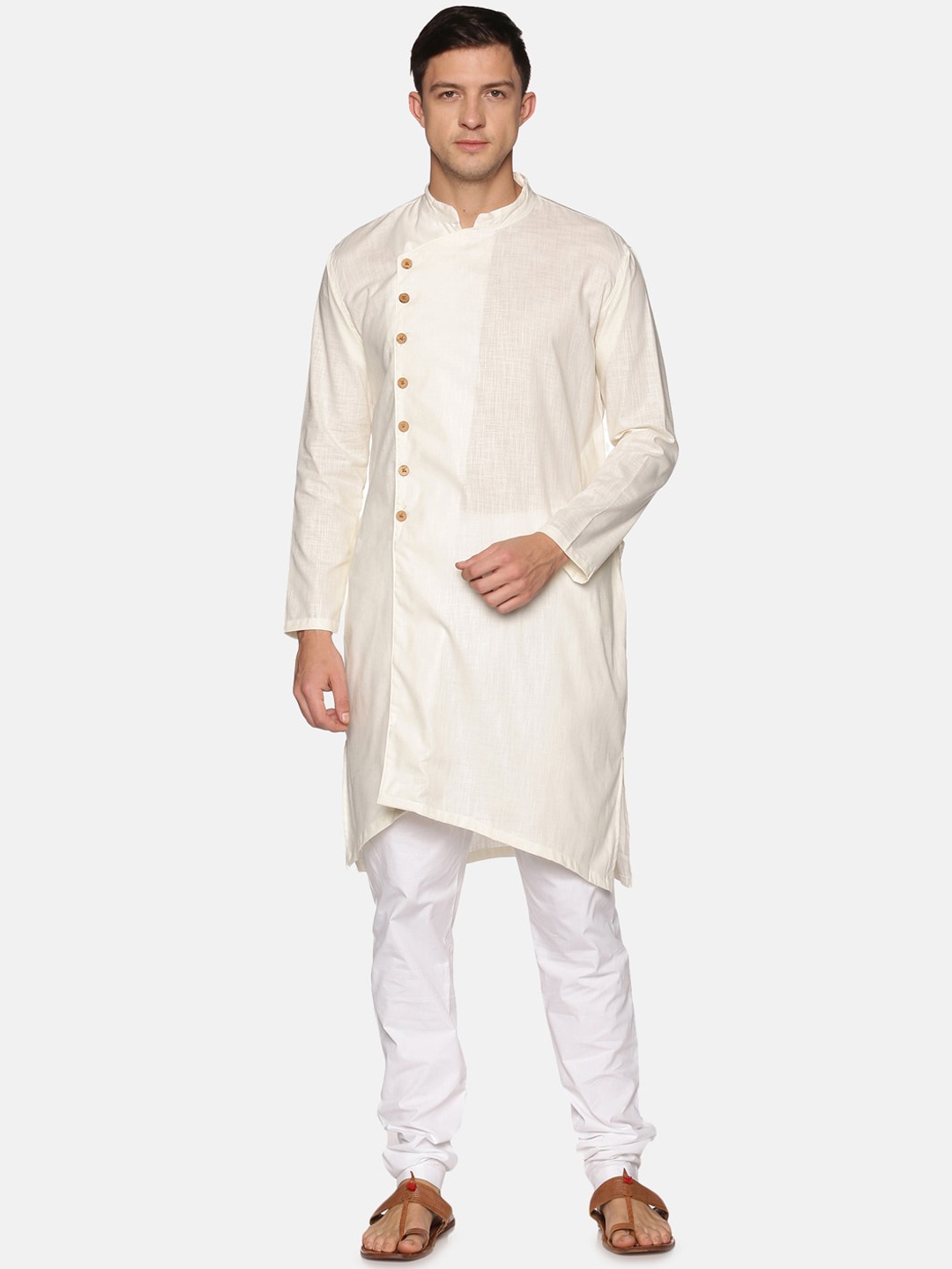 

Sethukrishna Men Beige & White Angrakha Pure Cotton Kurta with Churidar