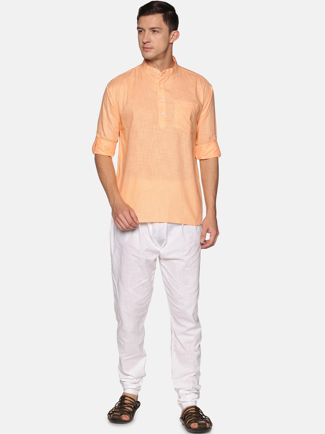 

Sethukrishna Men Orange & White Pure Cotton Kurta with Churidar