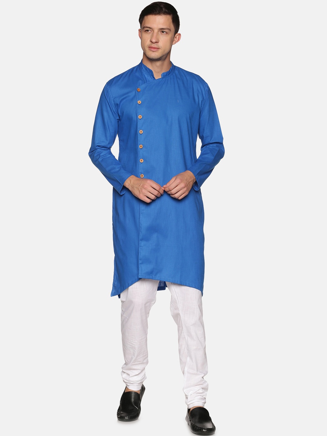 

Sethukrishna Men Blue Angrakha Pure Cotton Kurta with Churidar