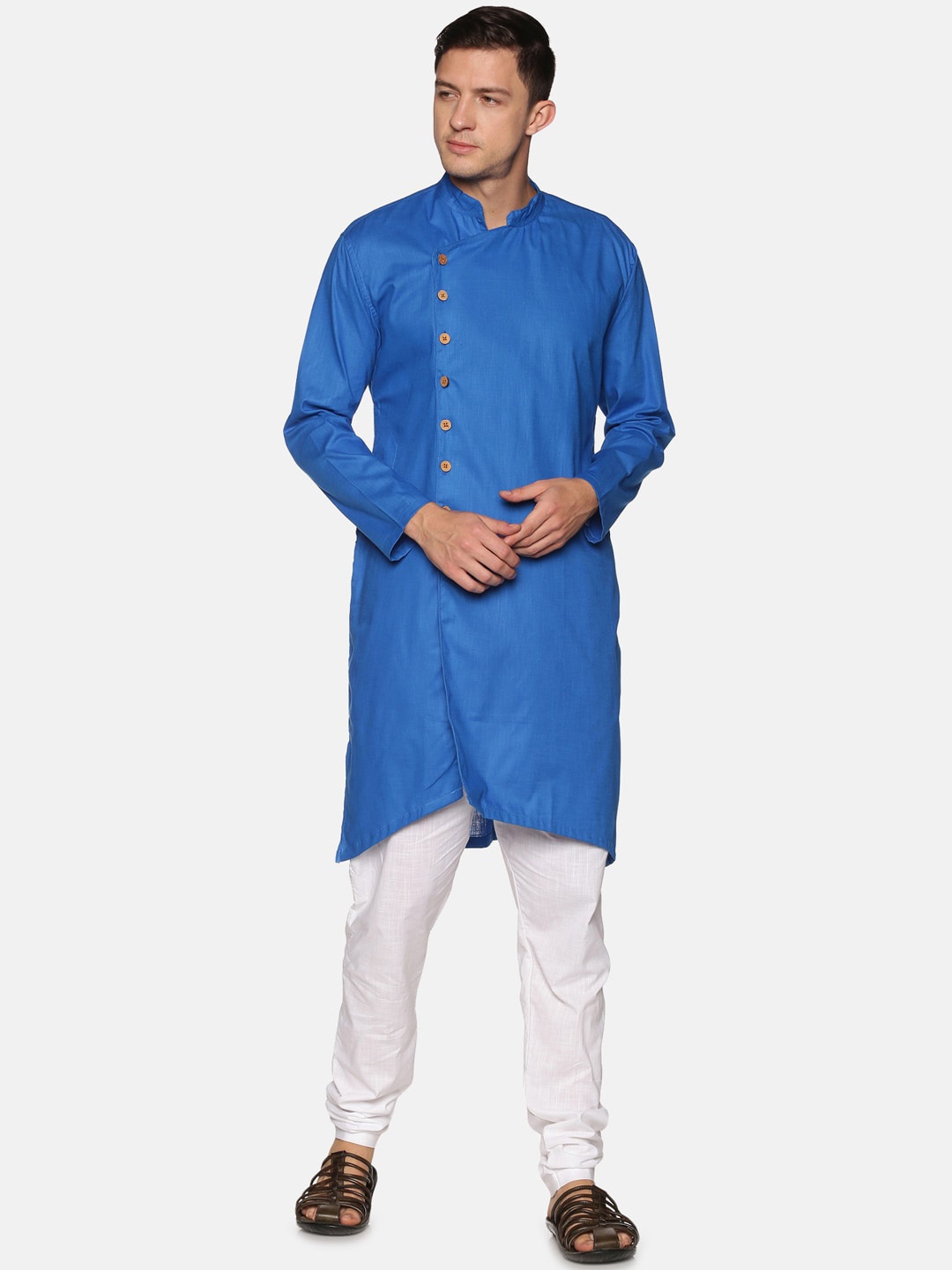 

Sethukrishna Men Blue Angrakha Pure Cotton Kurta with Churidar