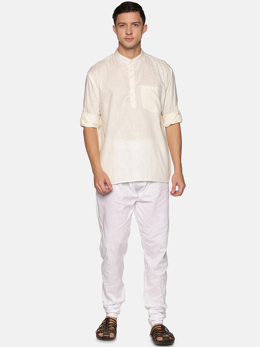 

Sethukrishna Men Beige & White Pure Cotton Kurta with Pyjamas