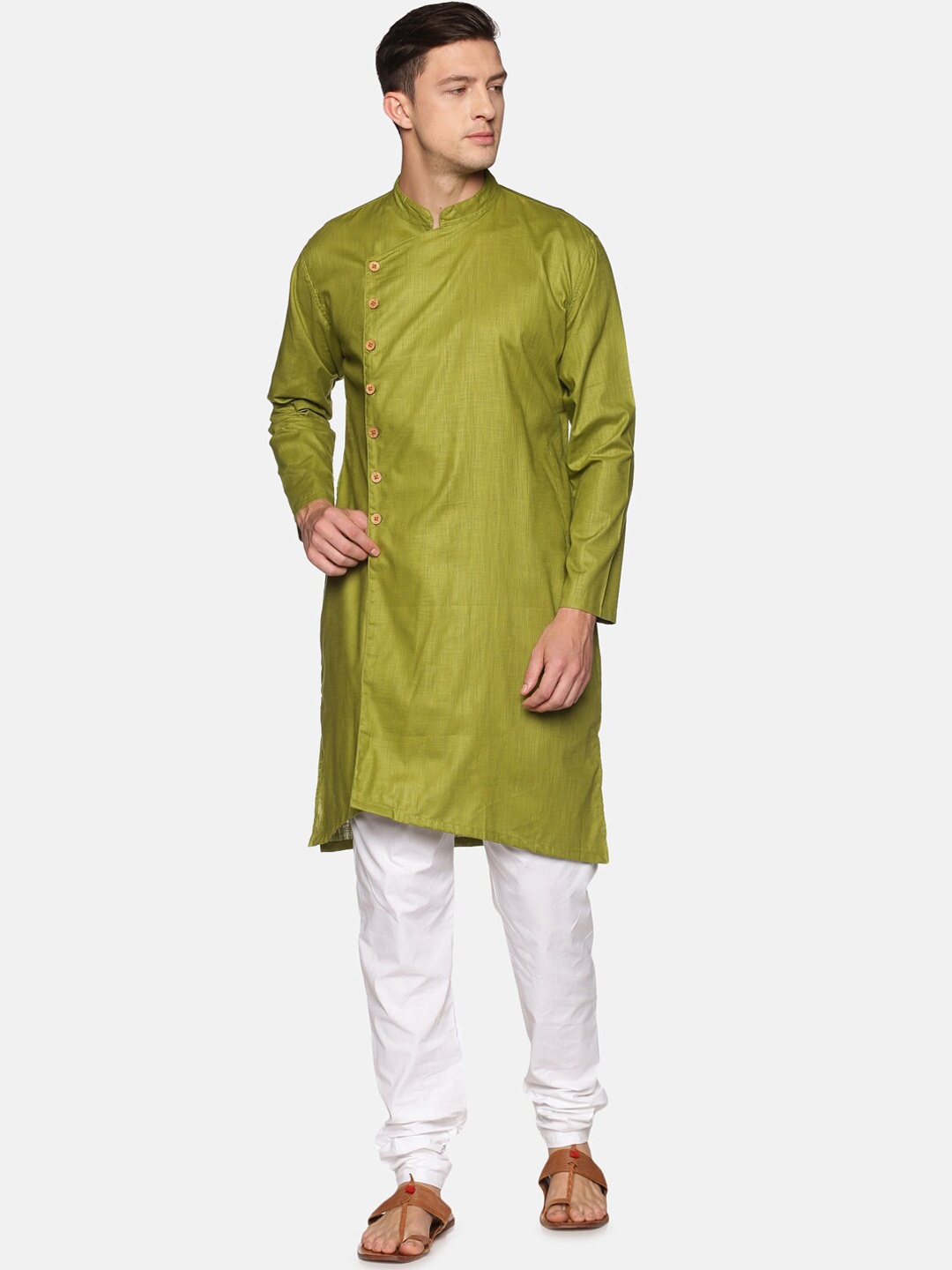 

Sethukrishna Men Green Angrakha Pure Cotton Kurta with Pyjamas