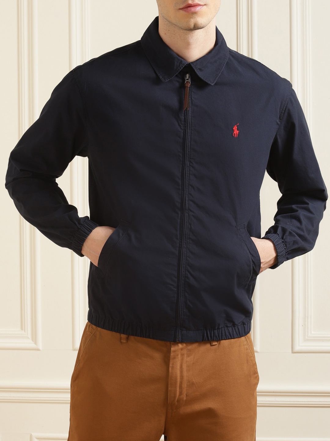 

Polo Ralph Lauren Men Navy Blue Striped Lightweight Bomber with Embroidered Jacket