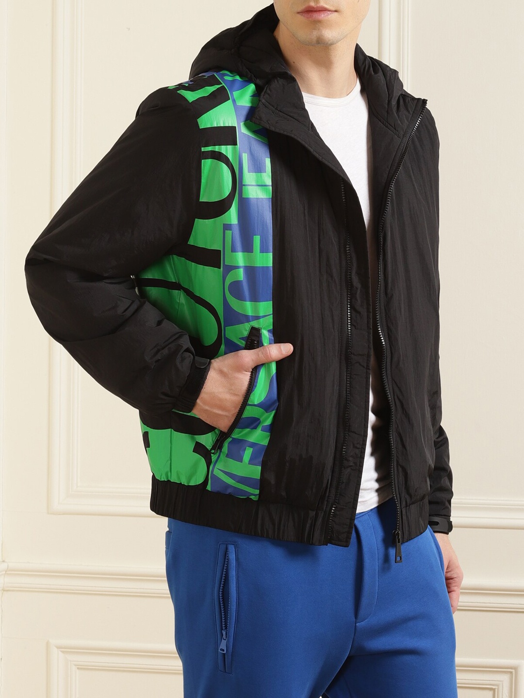

Versace Jeans Couture Men Black Printed Lightweight Hooded Bomber Jacket