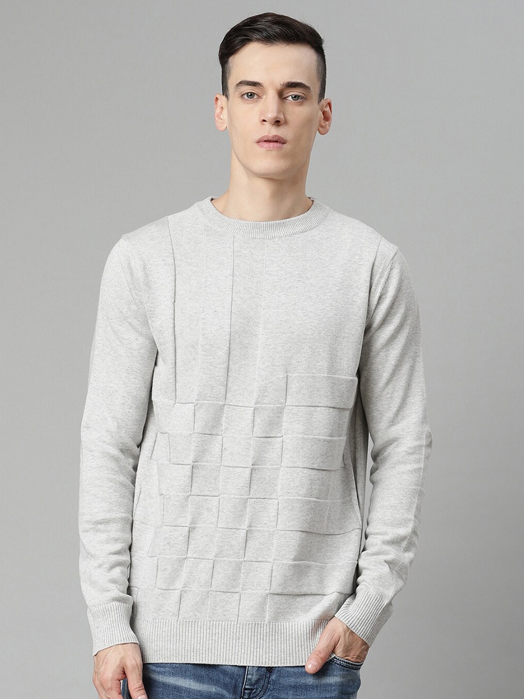 

HARSAM Men Grey Solid Round Neck Pullover