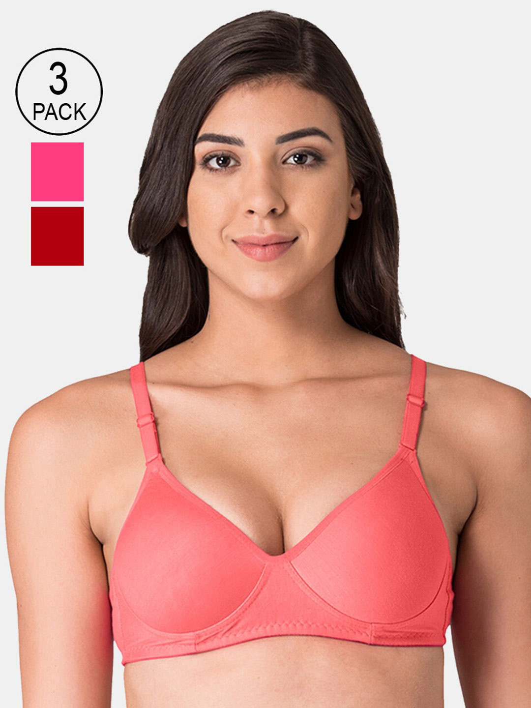 

KOMLI Woman Pack of 3 Coral, Red & Pink Lightly Padded T-shirt Bra