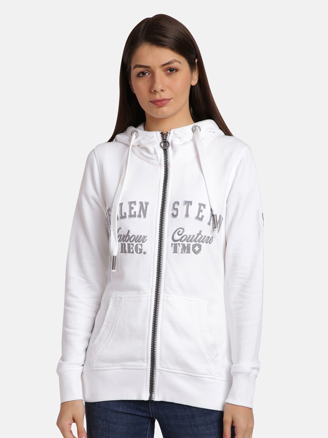 

UrGear Women White Printed Hooded Sweatshirt