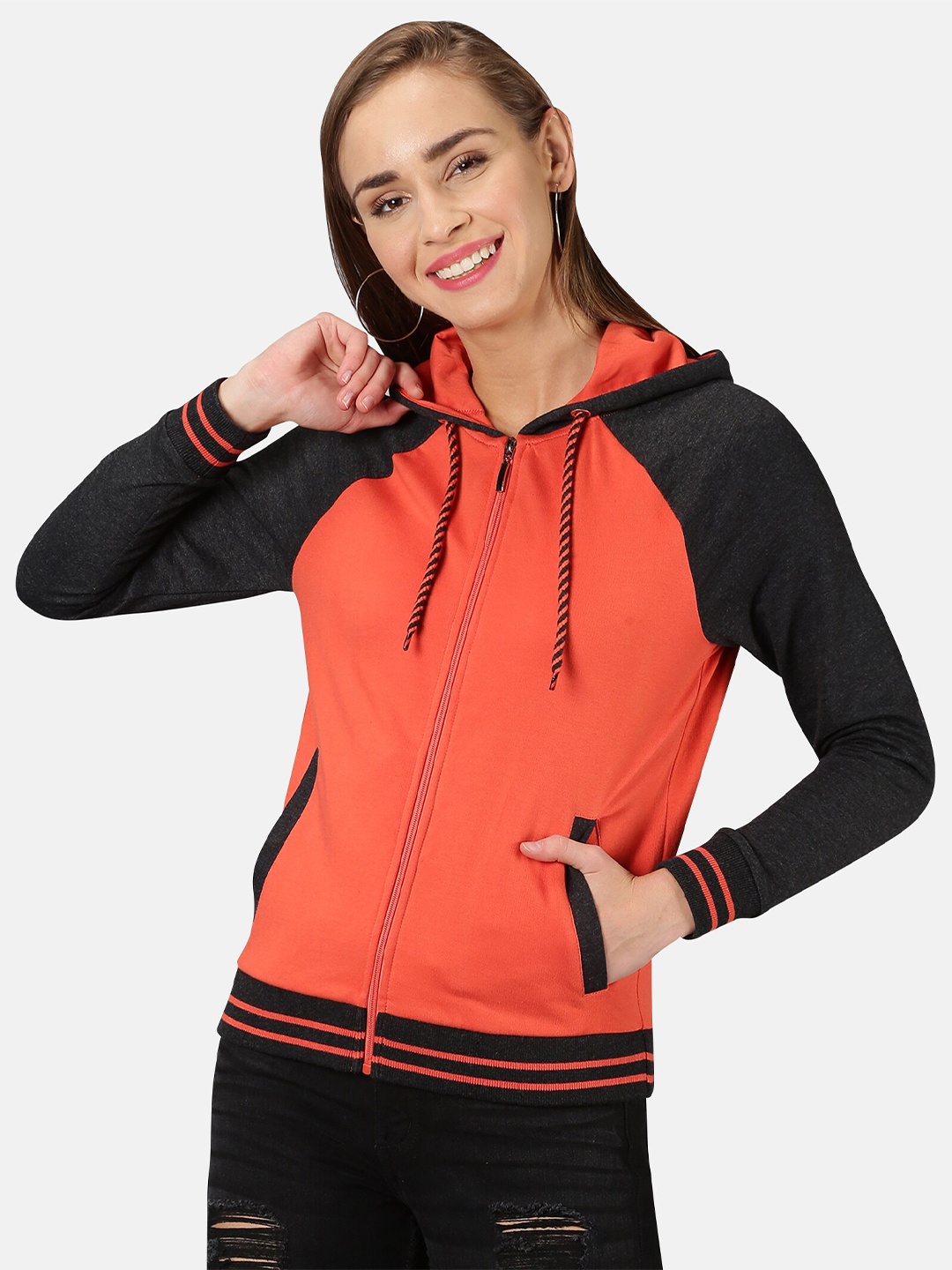 

UrGear Women Orange & Black Hooded Sweatshirt