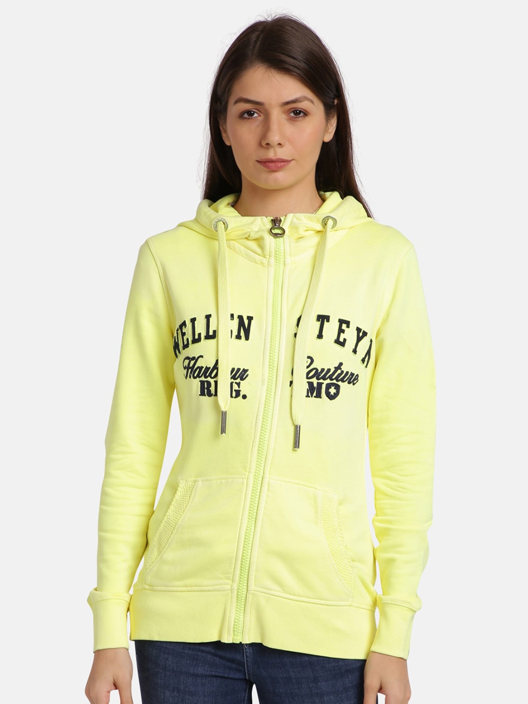 

UrGear Women Yellow & Black Typography Hooded Sweatshirt