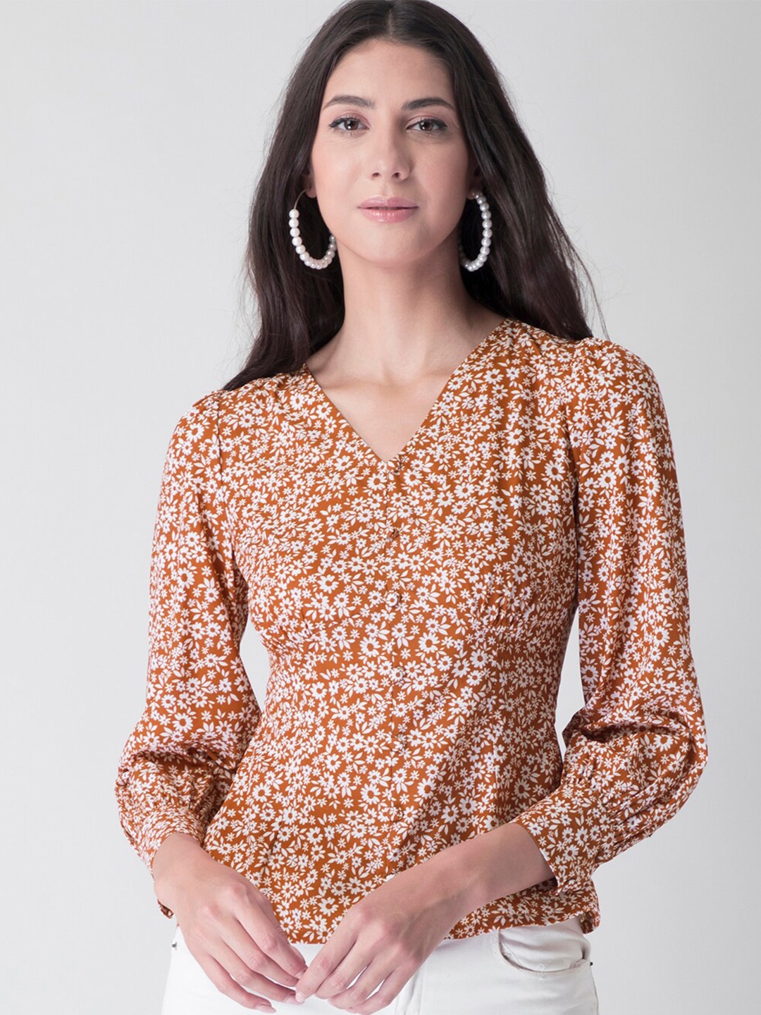 

FabAlley Mustard Yellow & White Floral Crepe Empire Top