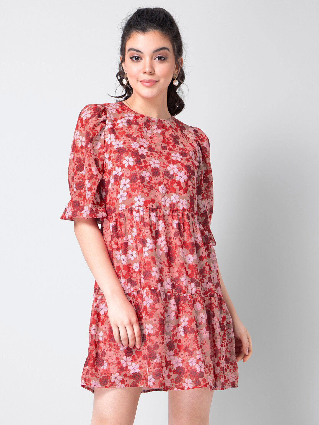 

FabAlley Red Floral Crepe Trapeze Dress