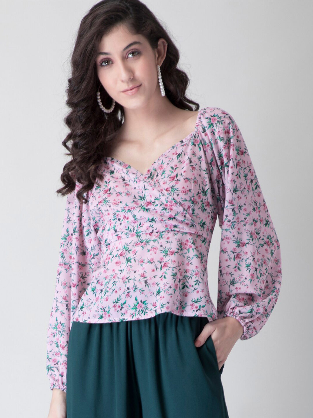 

FabAlley Pink & Green Micro Ditsy Floral Printed Georgette Wrap Peplum Top