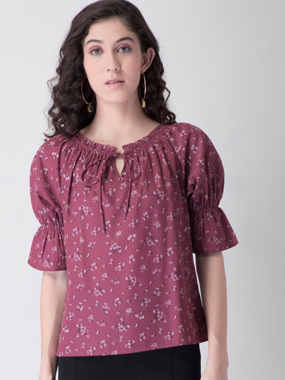 

FabAlley Pink Floral Tie-Up Neck Crepe Regular Top