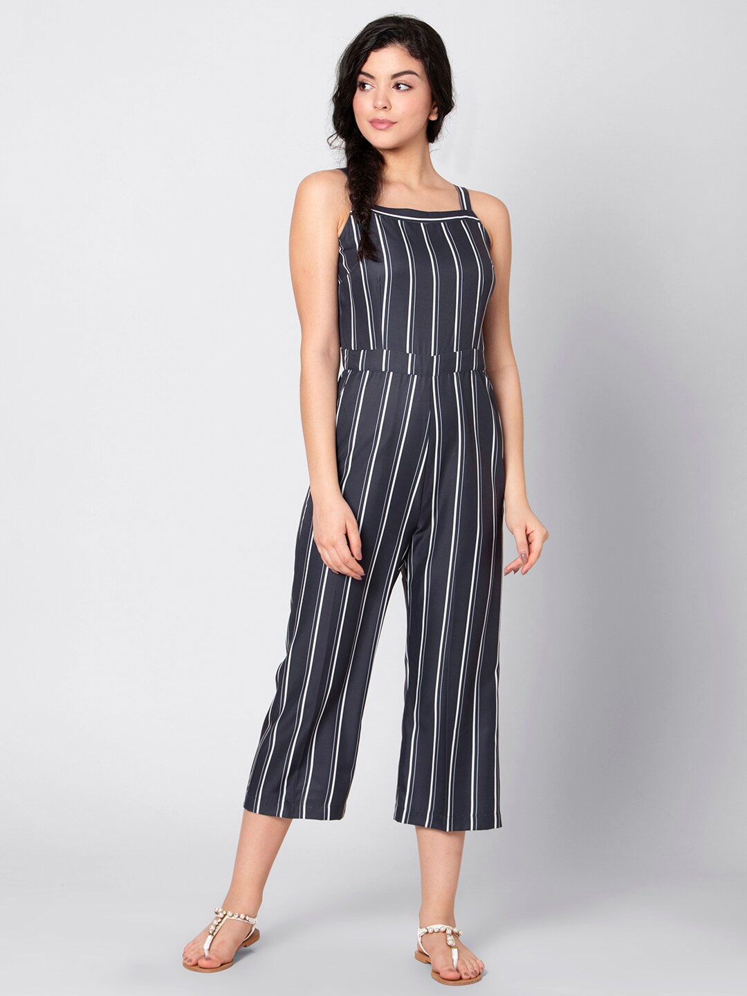 

FabAlley Blue & White Striped Pure Cotton Culotte Jumpsuit
