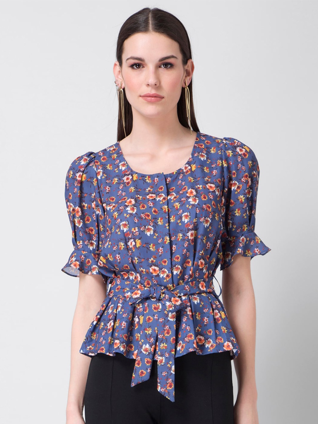 

FabAlley Blue & Orange Floral Printed Belted Georgette Cinched Waist Top