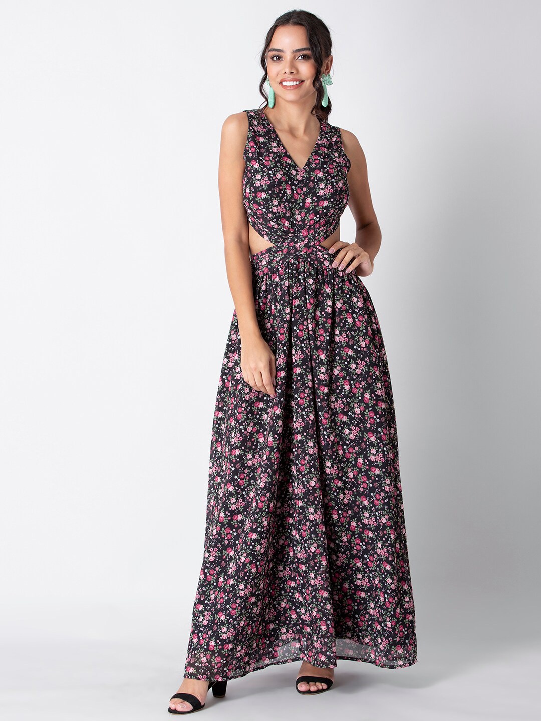 

FabAlley Black & Pink Floral Georgette Maxi Dress