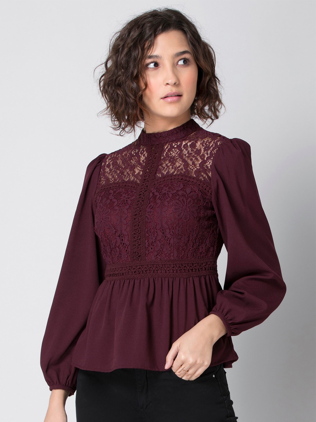 

FabAlley Maroon Lace Peplum Top