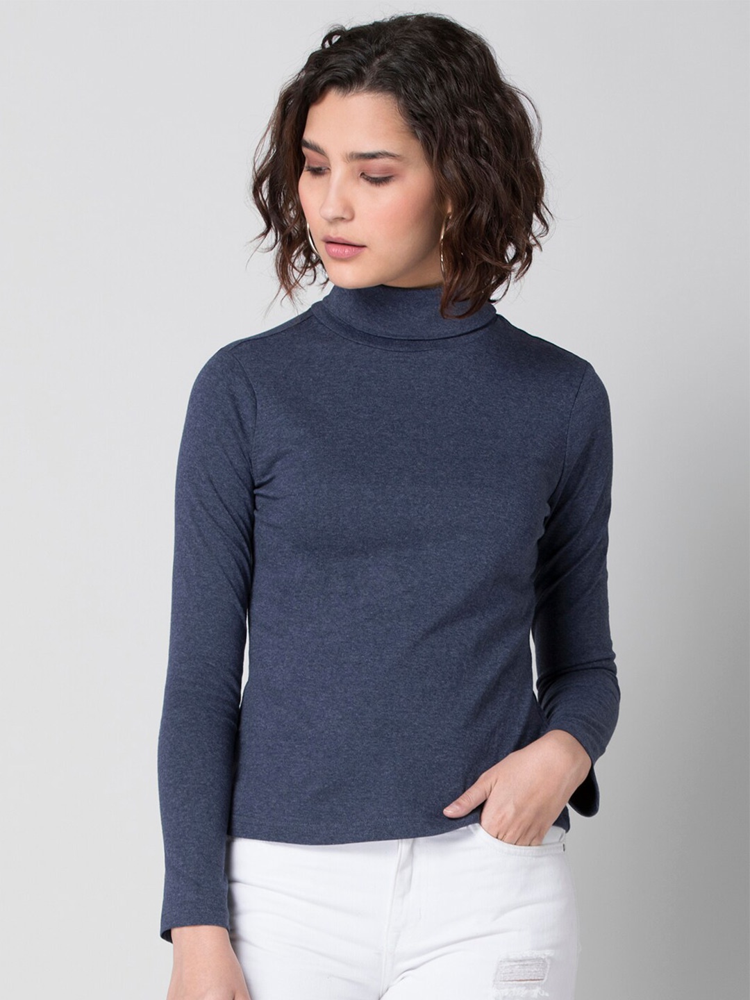 

FabAlley Navy Blue Solid High Neck Top