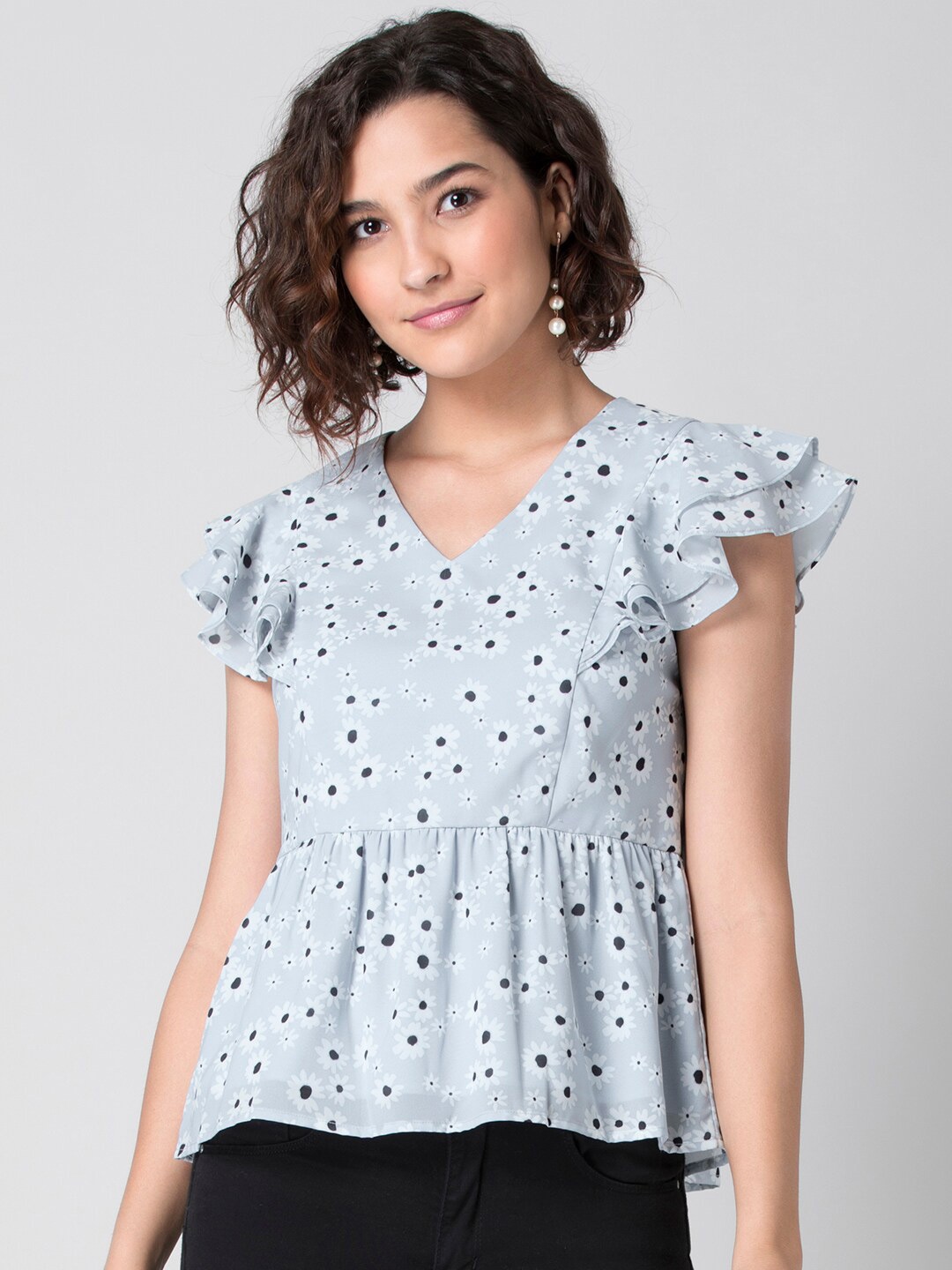 

FabAlley Blue Floral Printed Ruffles Georgette A-Line Top