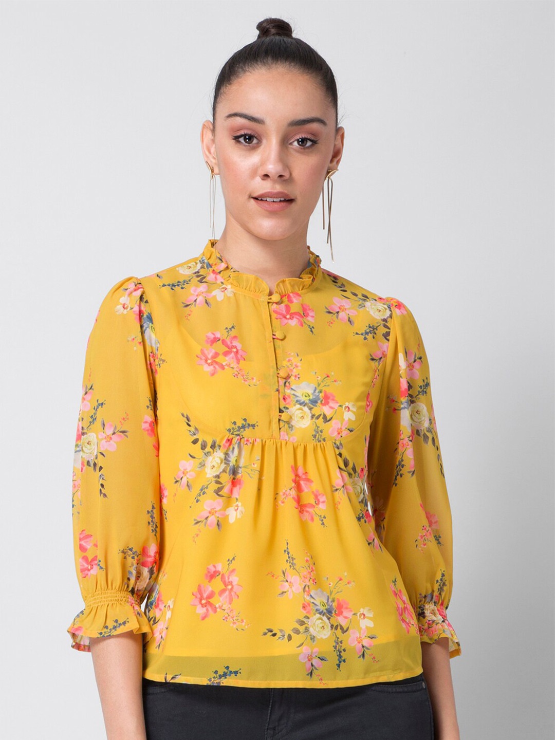 

FabAlley Yellow Floral Georgette Shirt Style Top