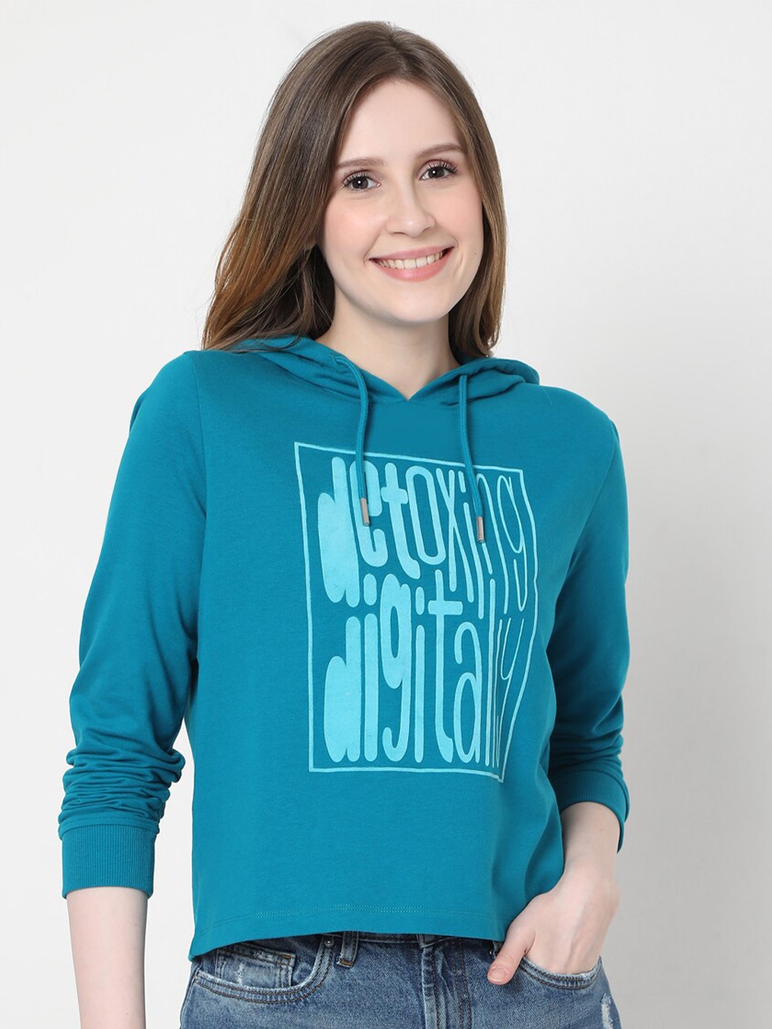 

Vero Moda Women Blue Printed Hooded Sweatshirt