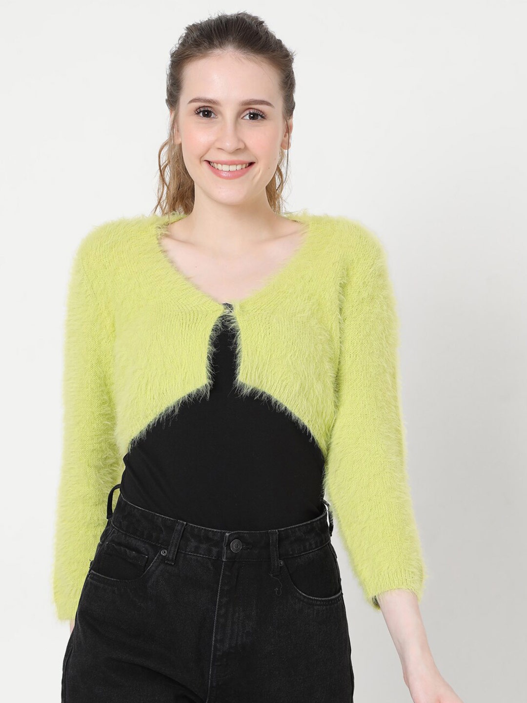 

Vero Moda Women Green Crop Cardigan with Fuzzy Detail
