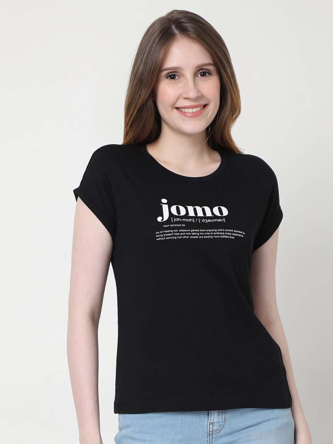 

Vero Moda Women Black Typography Printed Slim Fit Cotton T-shirt