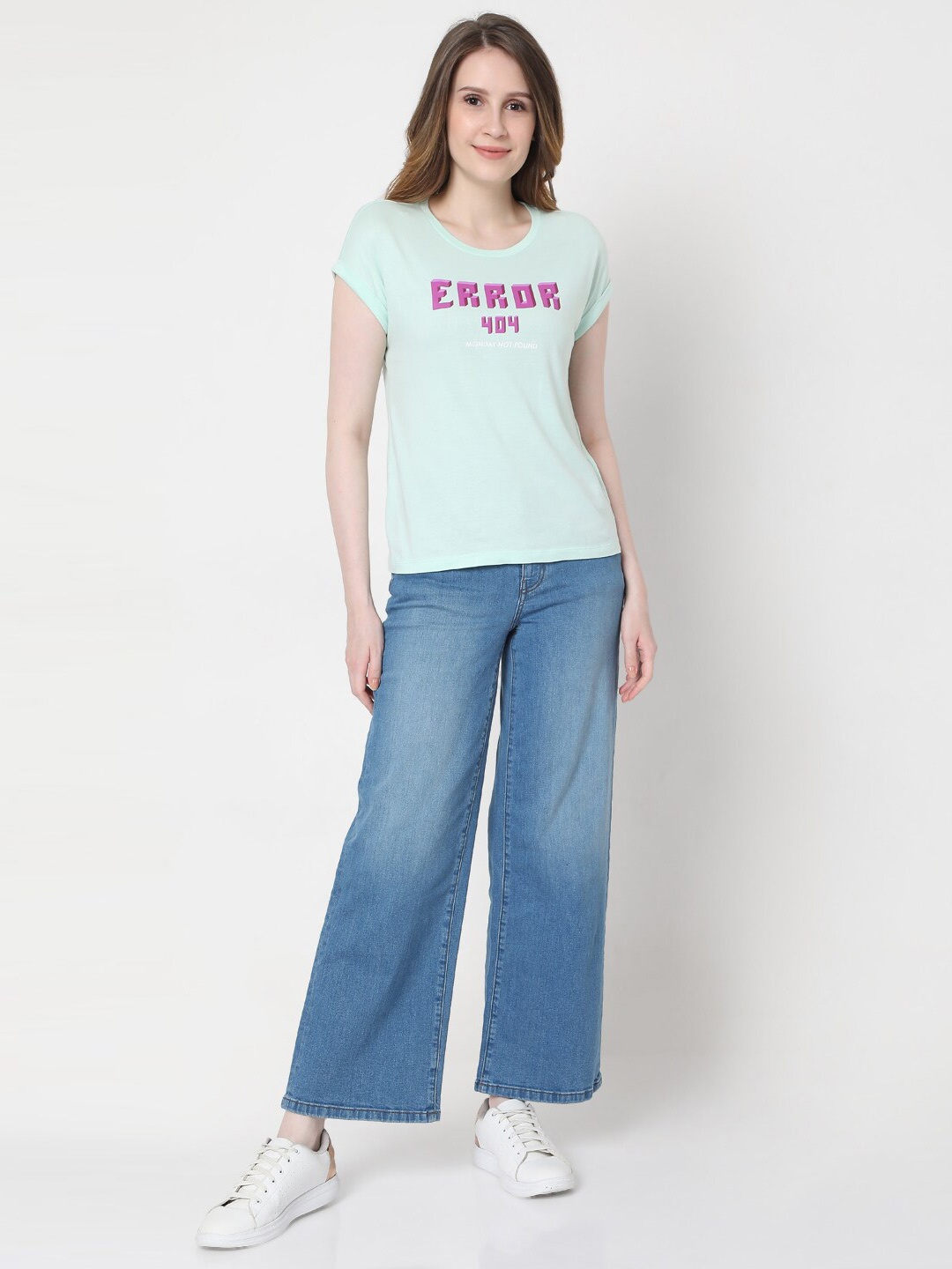 

Vero Moda Women Blue Typography Printed Extended Sleeves T-shirt