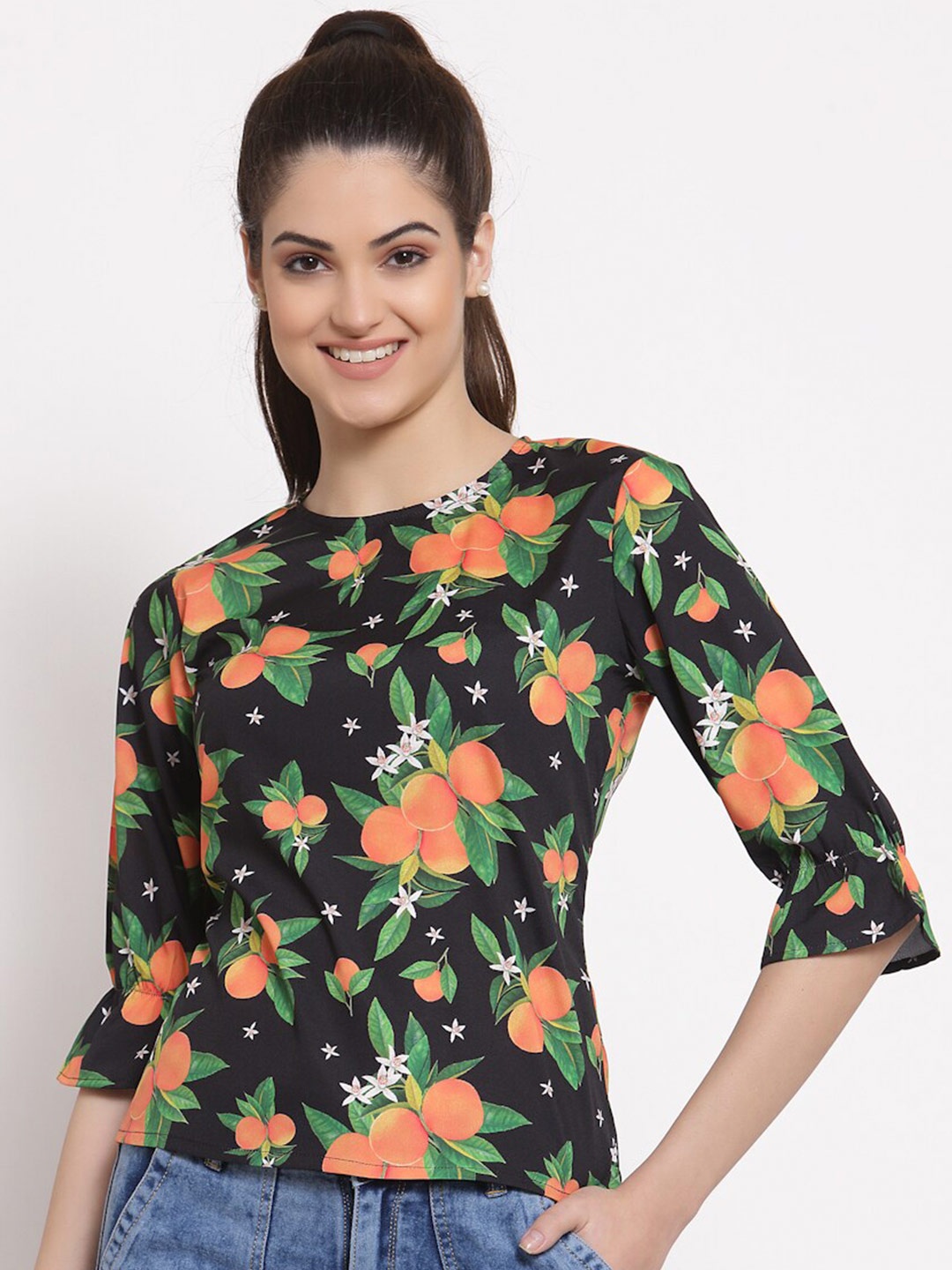 

Style Quotient Black & Orange Tropical Printed Crepe Top