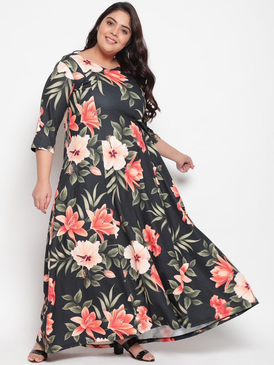 

Amydus Women Plus Size Black & Orange Floral Printed Maxi Dress