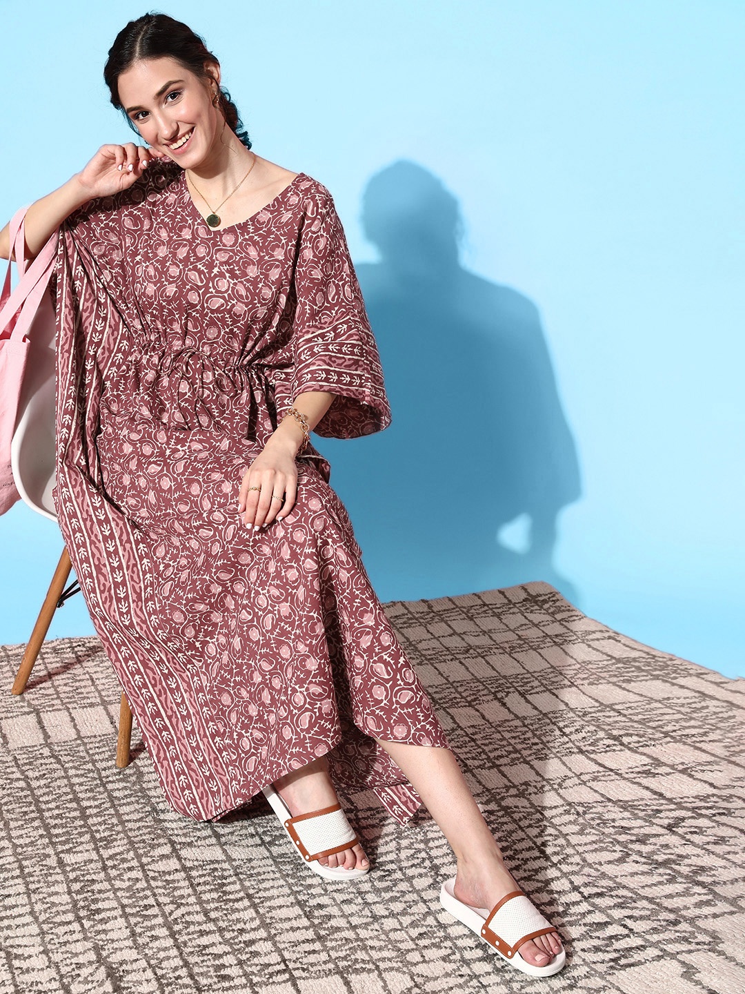 

JISORA Mauve Printed Pure Cotton Kaftan Maxi Nightdress
