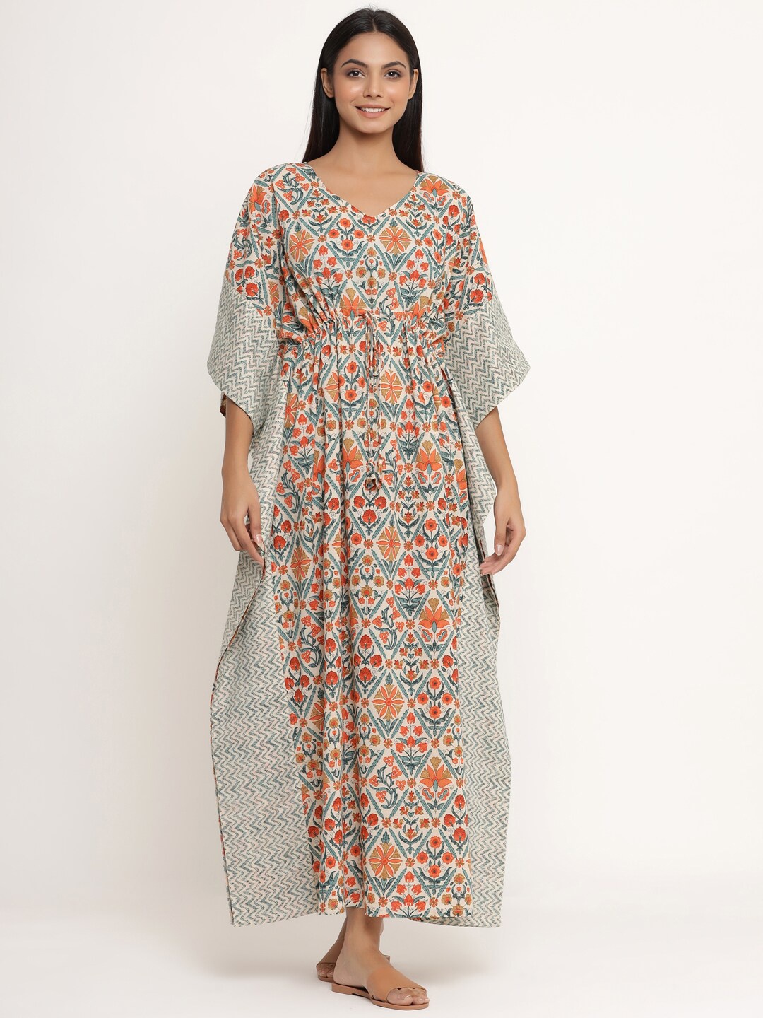 

JISORA Grey Printed Pure Cotton Kaftan Maxi Nightdress