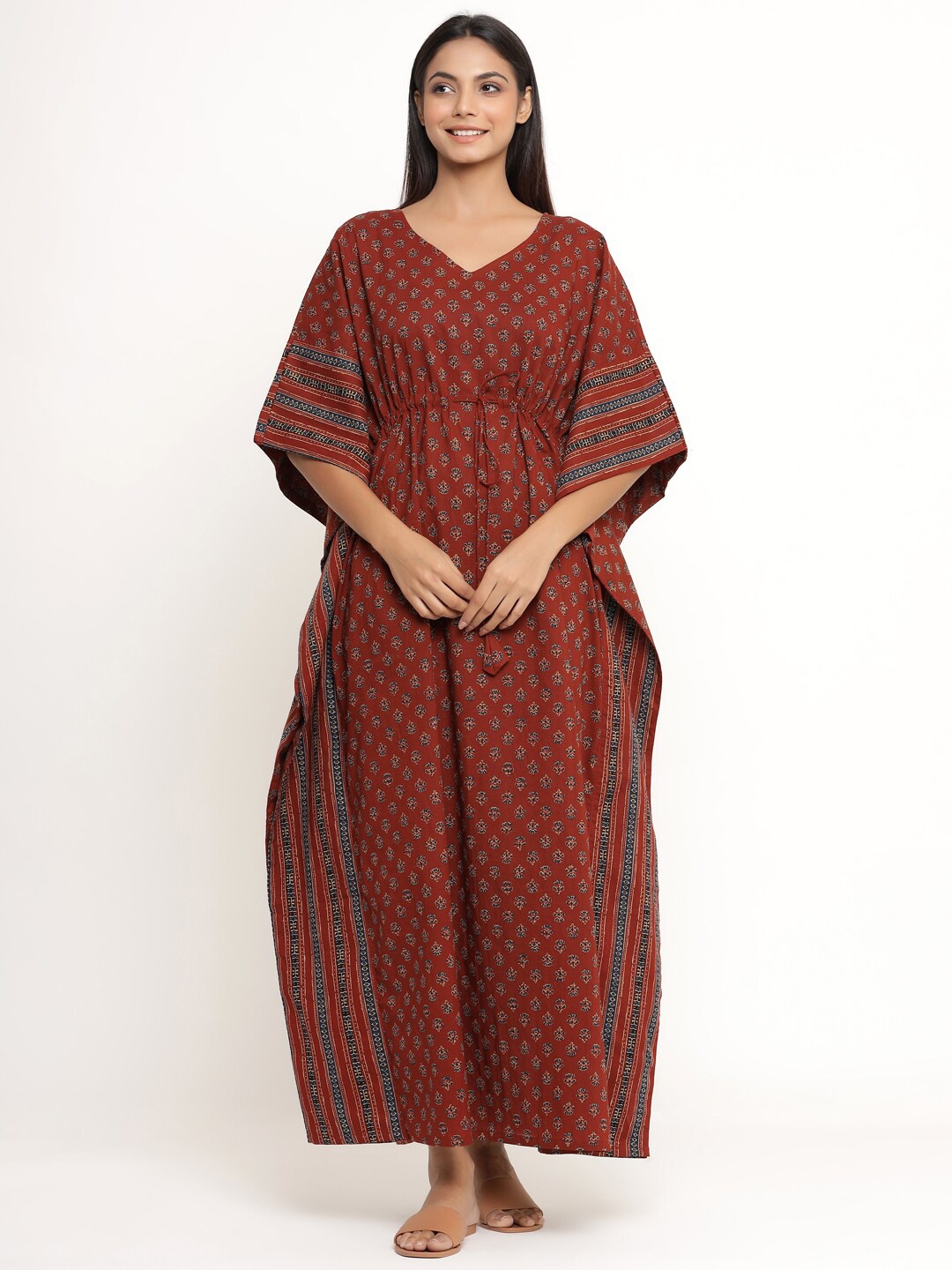 

JISORA Women Brown Ethnic Motifs Printed Kaftan Maxi Nightdress