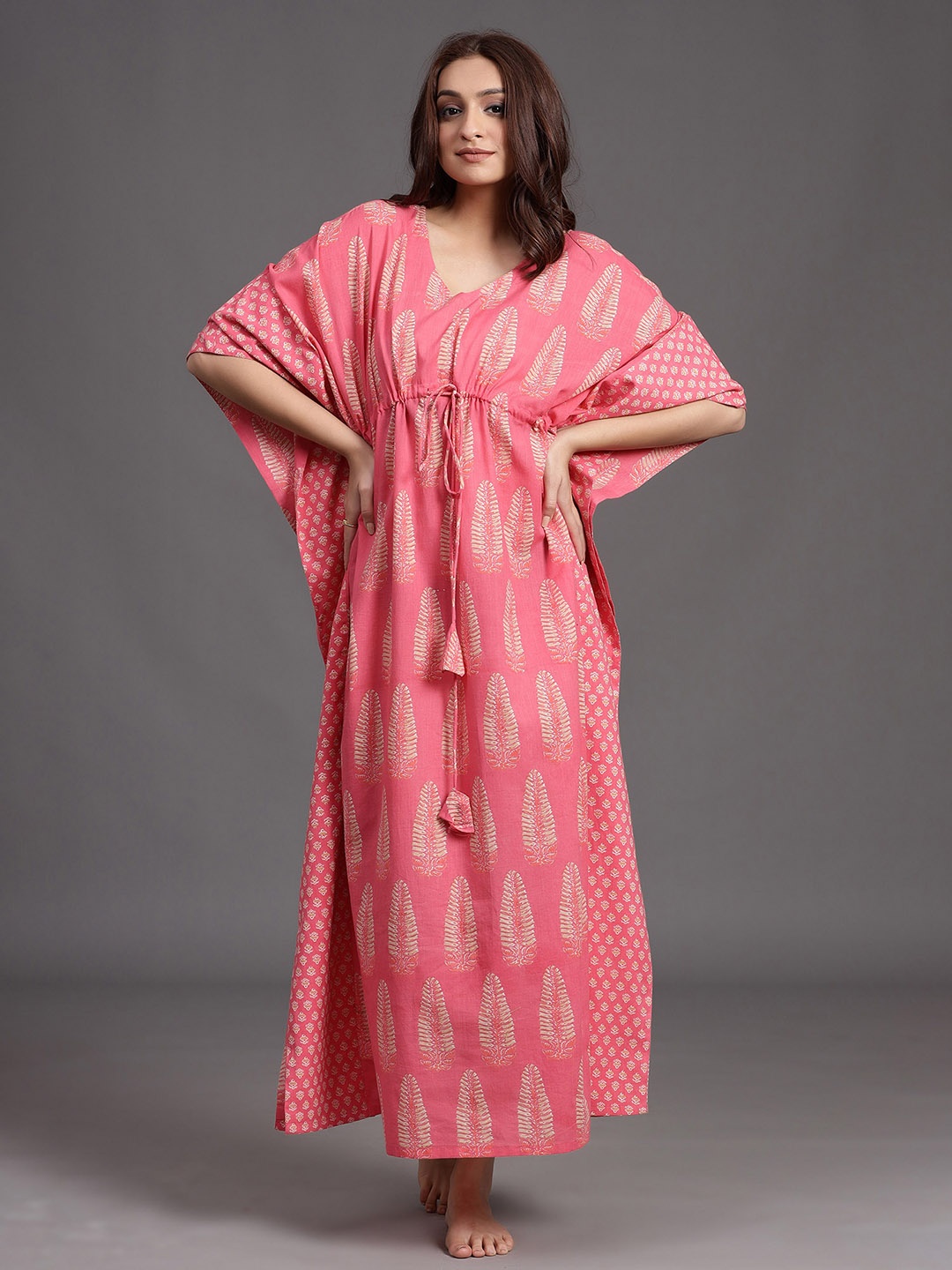 

JISORA Pink Printed Maxi Kaftan Pure Cotton Nightdress