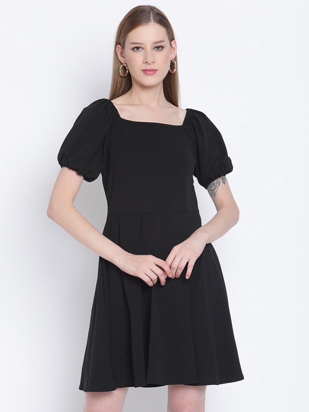 

The Vanca Black Square Neck Puff Sleeve Dress