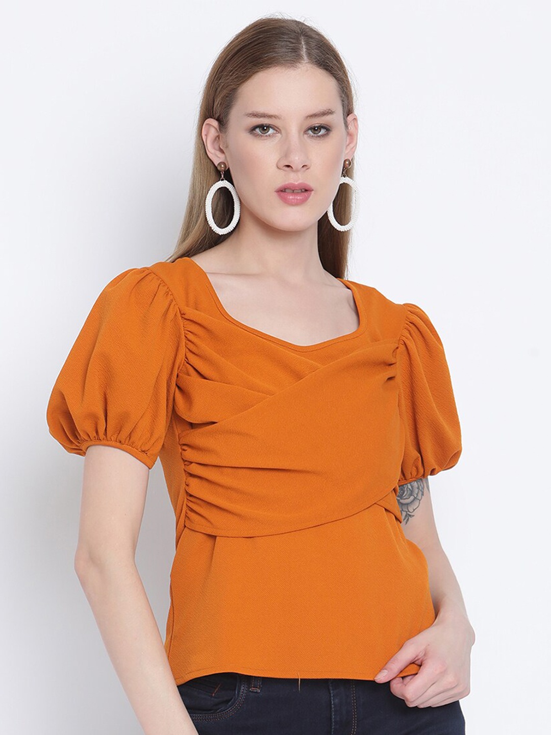 

The Vanca Rust Criss Cross Mustard Wrap Top With Puff Sleeve