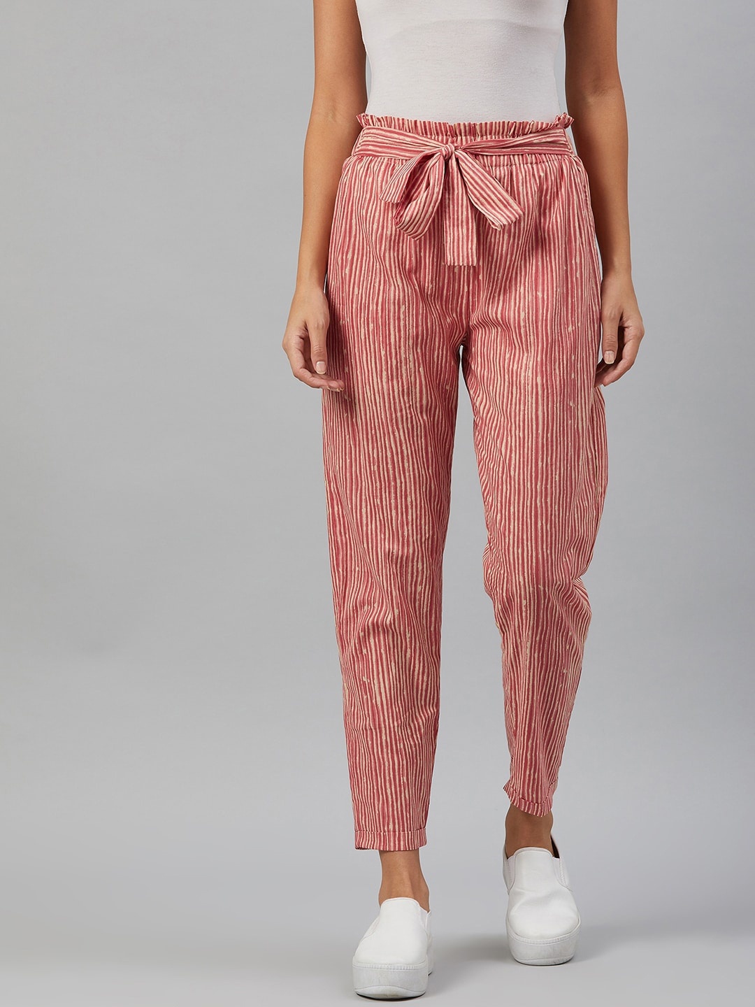 

Orchid Blues Women Red Striped Tapered Fit High-Rise Trousers