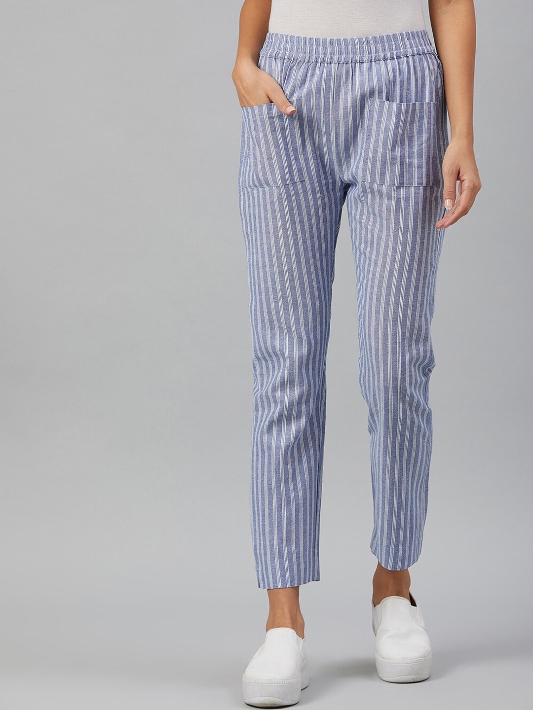 

Orchid Blues Women Blue Striped Tapered Fit Trousers