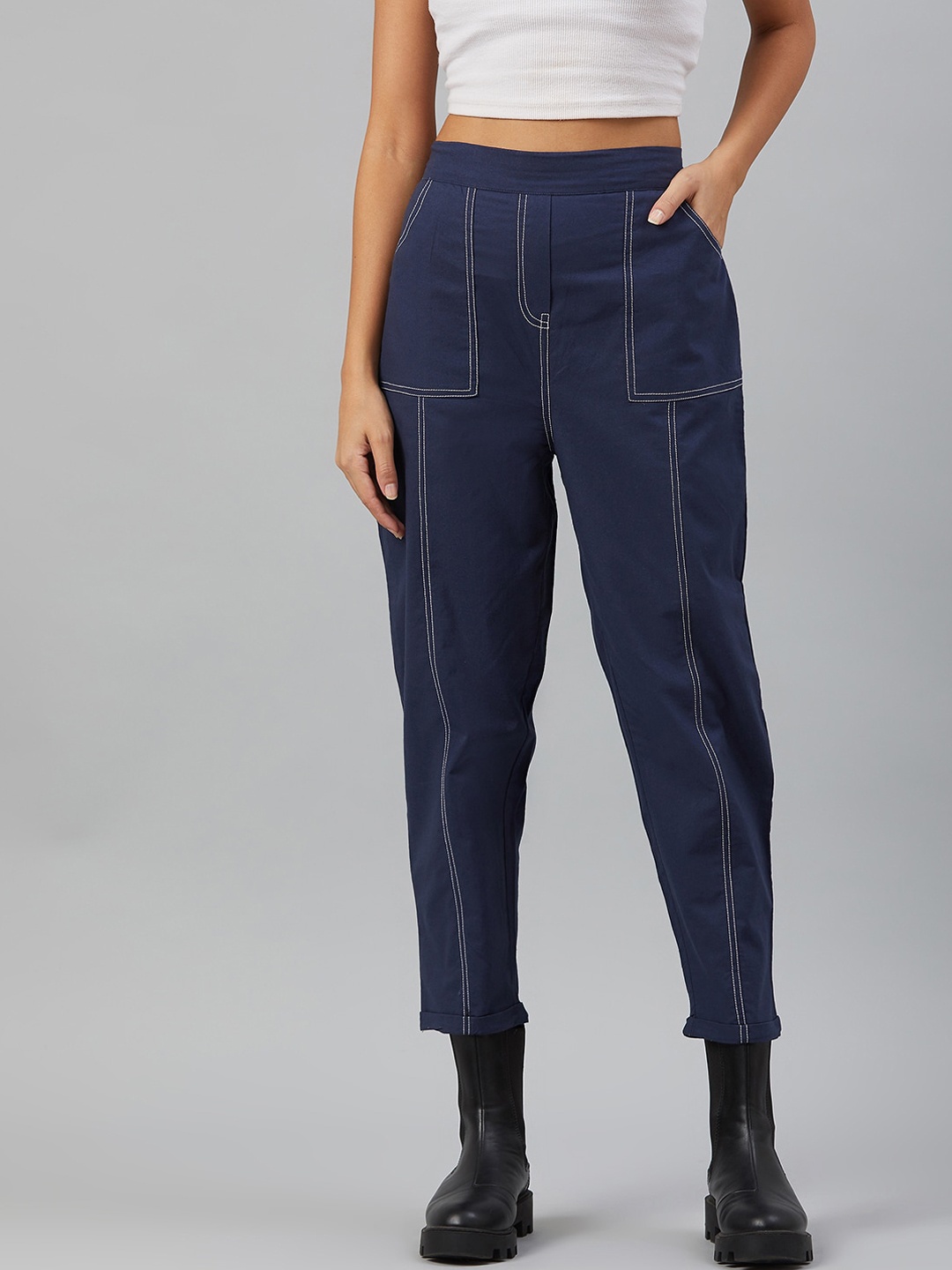 

Orchid Blues Women Navy Blue & White Tapered Fit High-Rise Pure Cotton Trousers