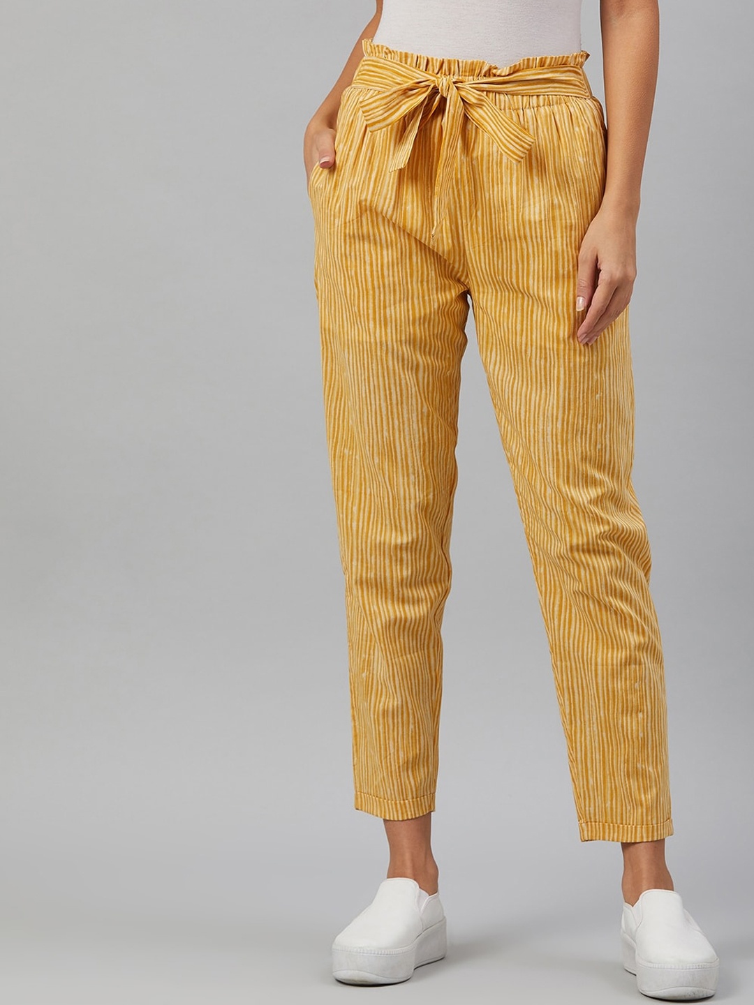 

Orchid Blues Women Yellow Striped Tapered Fit High-Rise Trousers